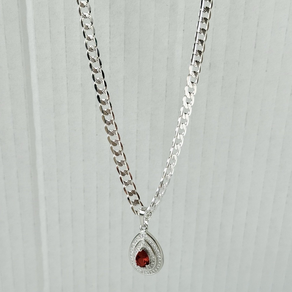 New womens 20”stainless steel chain with‎ shiny charm and red stone
